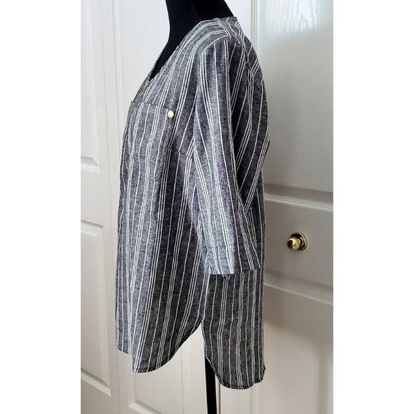 NWT Anne Klein Women's White Gray Linen Tunic 1/4 Zip Roll Tab Sleeve Top Sz M - Picture 2 of 8